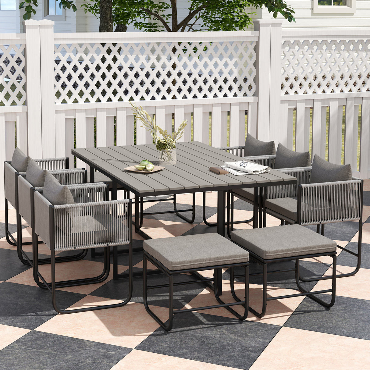 Poly Rattan Cube 10 Seater Garden Dining Set With Rectangular Table - Velmora