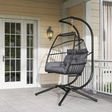 Poly Rattan Foldable Wicker Double Hanging Egg wing Chair With Stand - Velmora