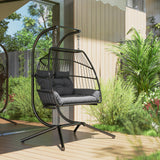 Poly Rattan Foldable Wicker Double Hanging Egg wing Chair With Stand - Velmora