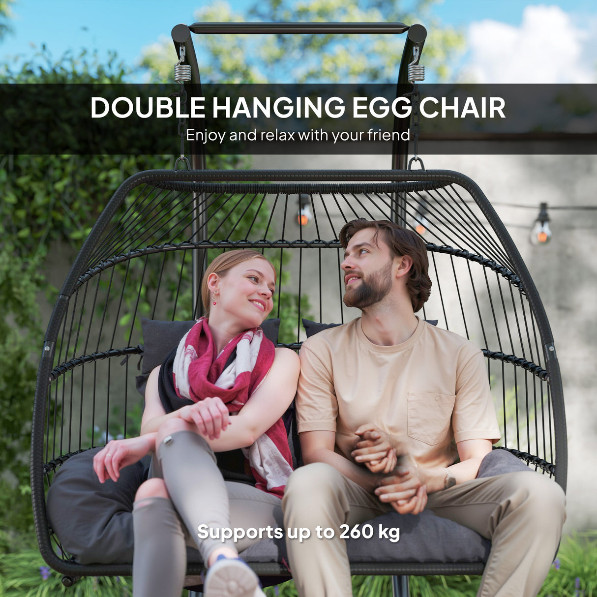 Poly Rattan Foldable Wicker Double Hanging Egg wing Chair With Stand - Velmora
