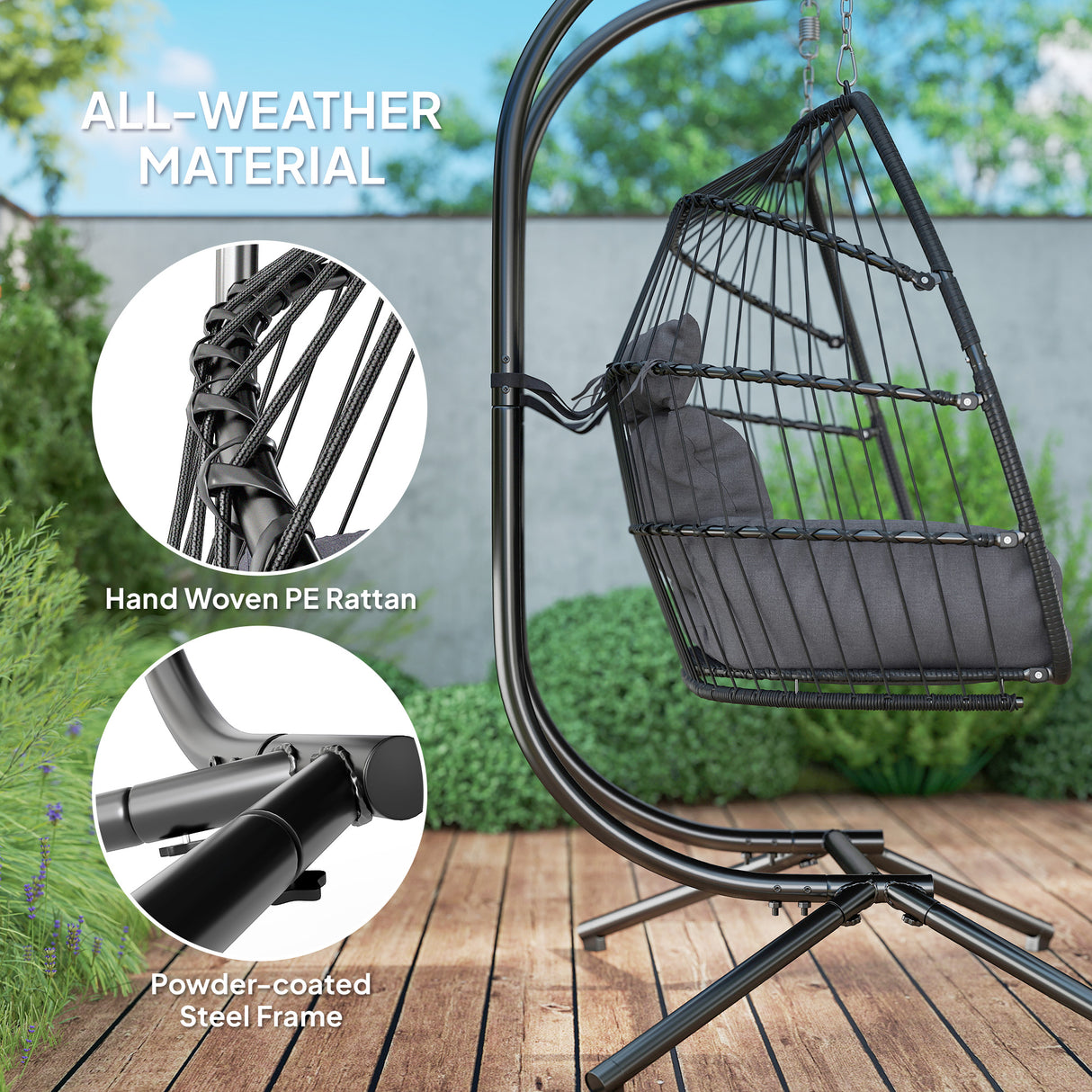 Poly Rattan Foldable Wicker Double Hanging Egg wing Chair With Stand - Velmora