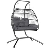 Poly Rattan Foldable Wicker Double Hanging Egg wing Chair With Stand - Velmora