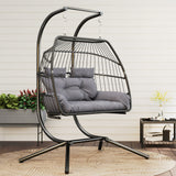 Poly Rattan Foldable Wicker Double Hanging Egg wing Chair With Stand - Velmora