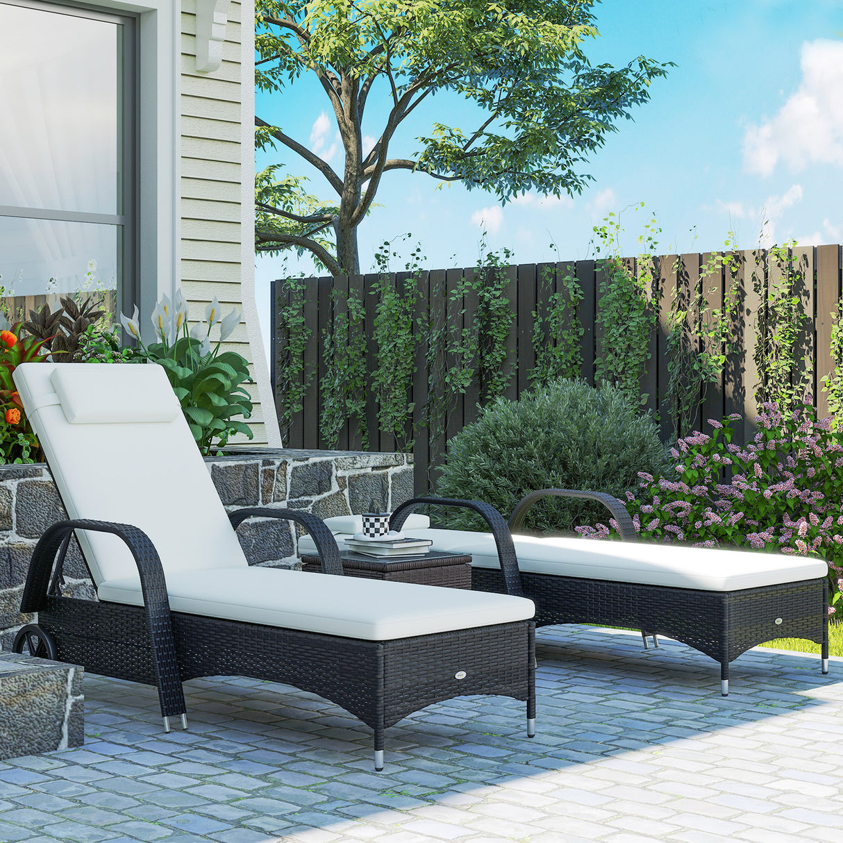 Poly Rattan Garden Sun Lounger in Set of 2 With Side Table - Velmora