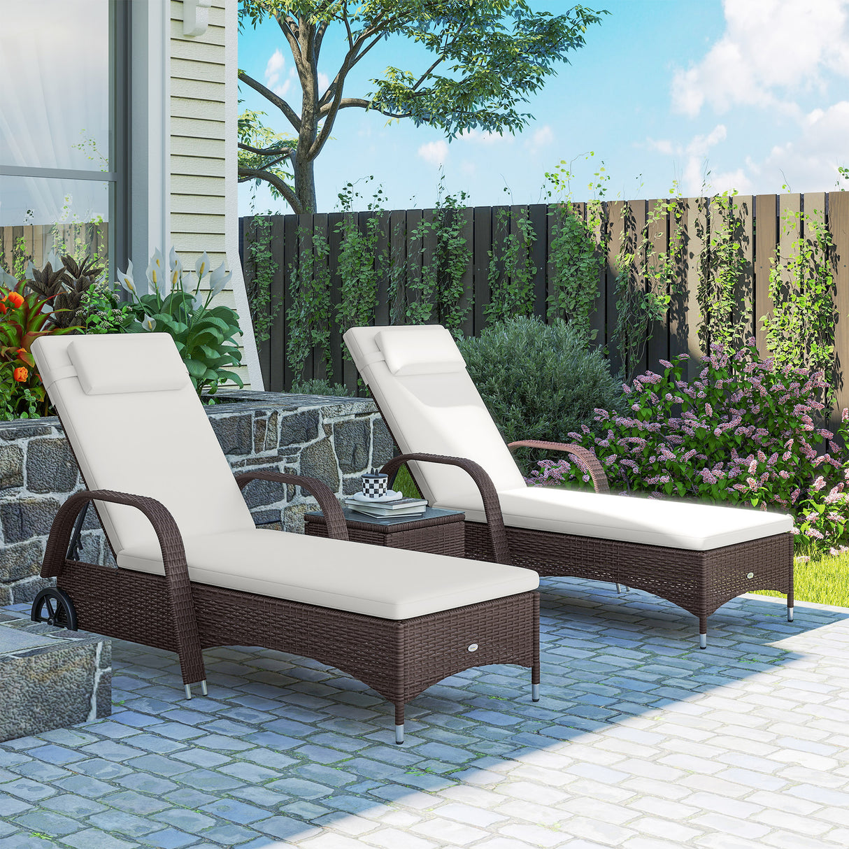 Poly Rattan Garden Sun Lounger in Set of 2 With Side Table - Velmora