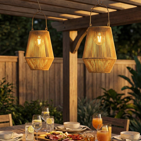 Poly Rattan Hanging Solar Lanterns in Set of 2 With Handle for Patio - Velmora