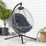Poly Rattan Outdoor Swing Chair With Metal Stand With Thick Padded Cushion - Velmora