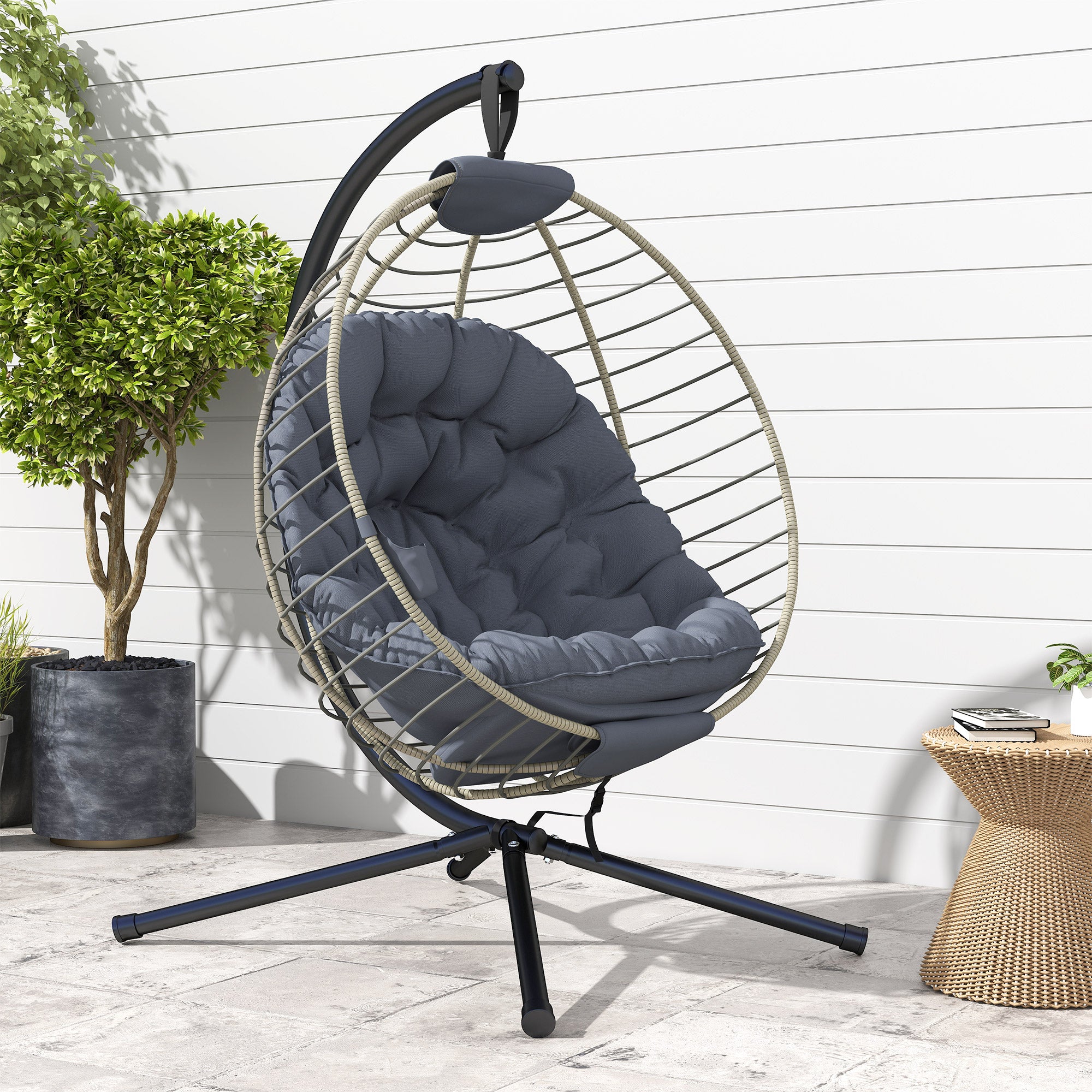 Poly Rattan Outdoor Swing Chair With Metal Stand With Thick Padded Cushion - Velmora