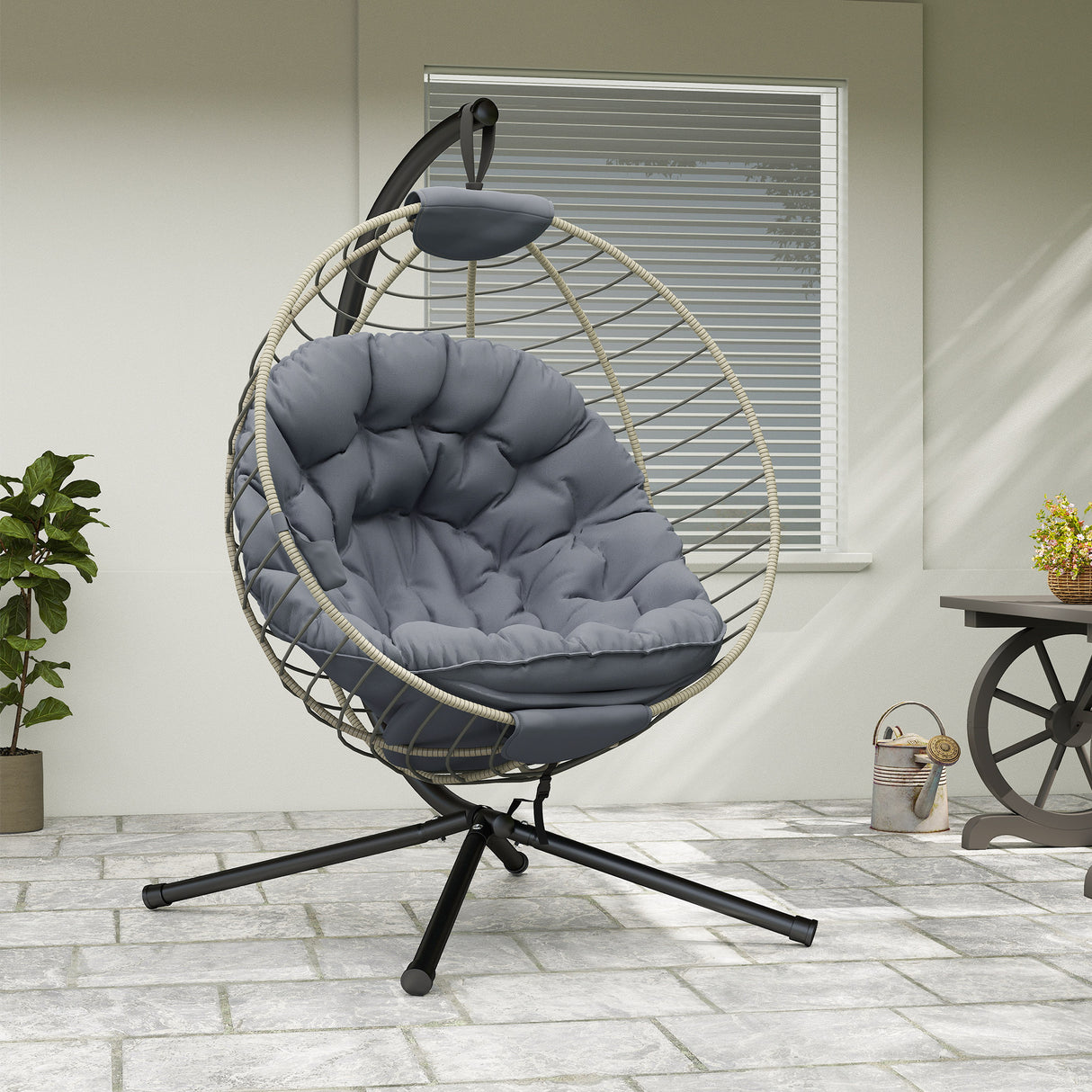 Poly Rattan Outdoor Swing Chair With Metal Stand With Thick Padded Cushion - Velmora