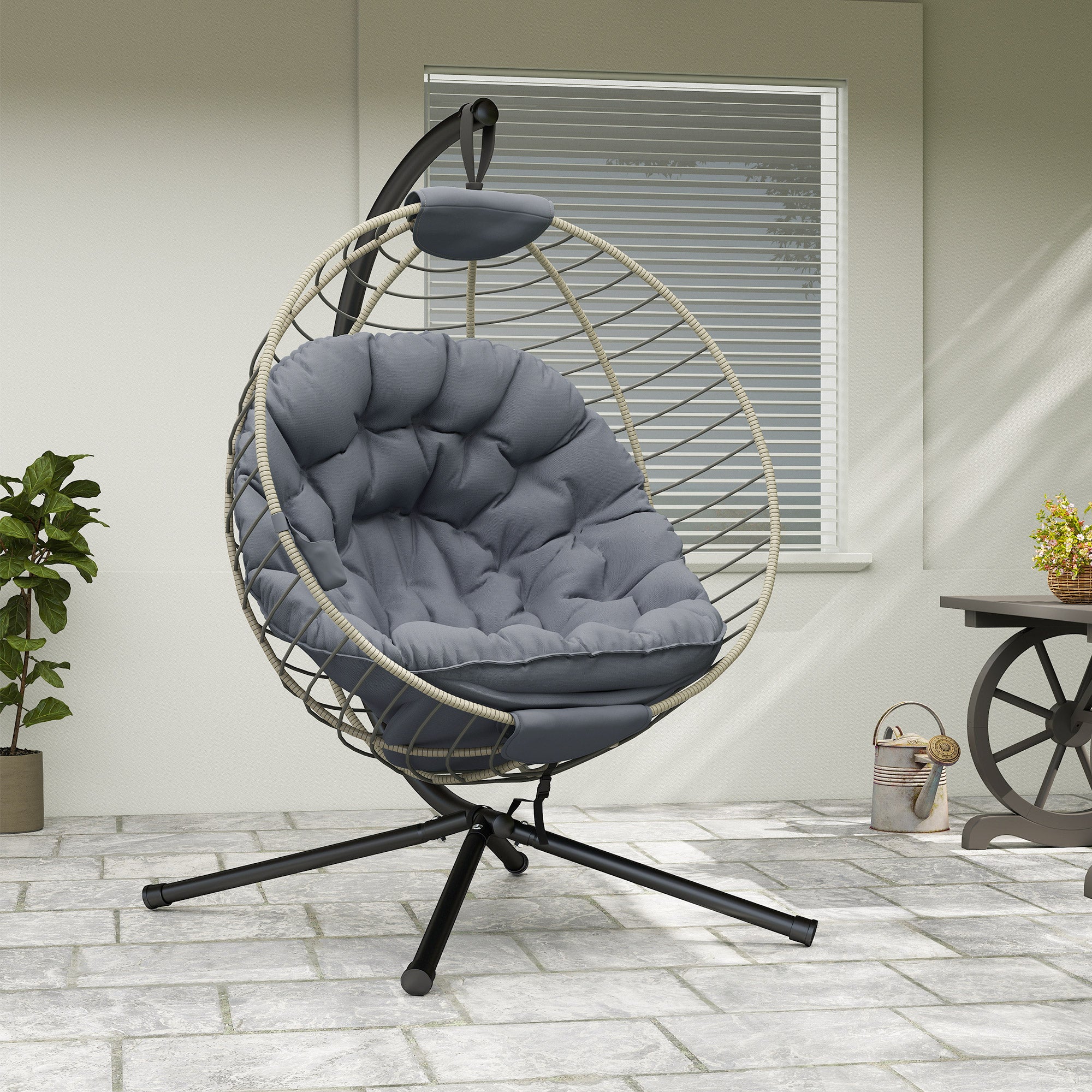 Poly Rattan Outdoor Swing Chair With Metal Stand With Thick Padded Cushion - Velmora