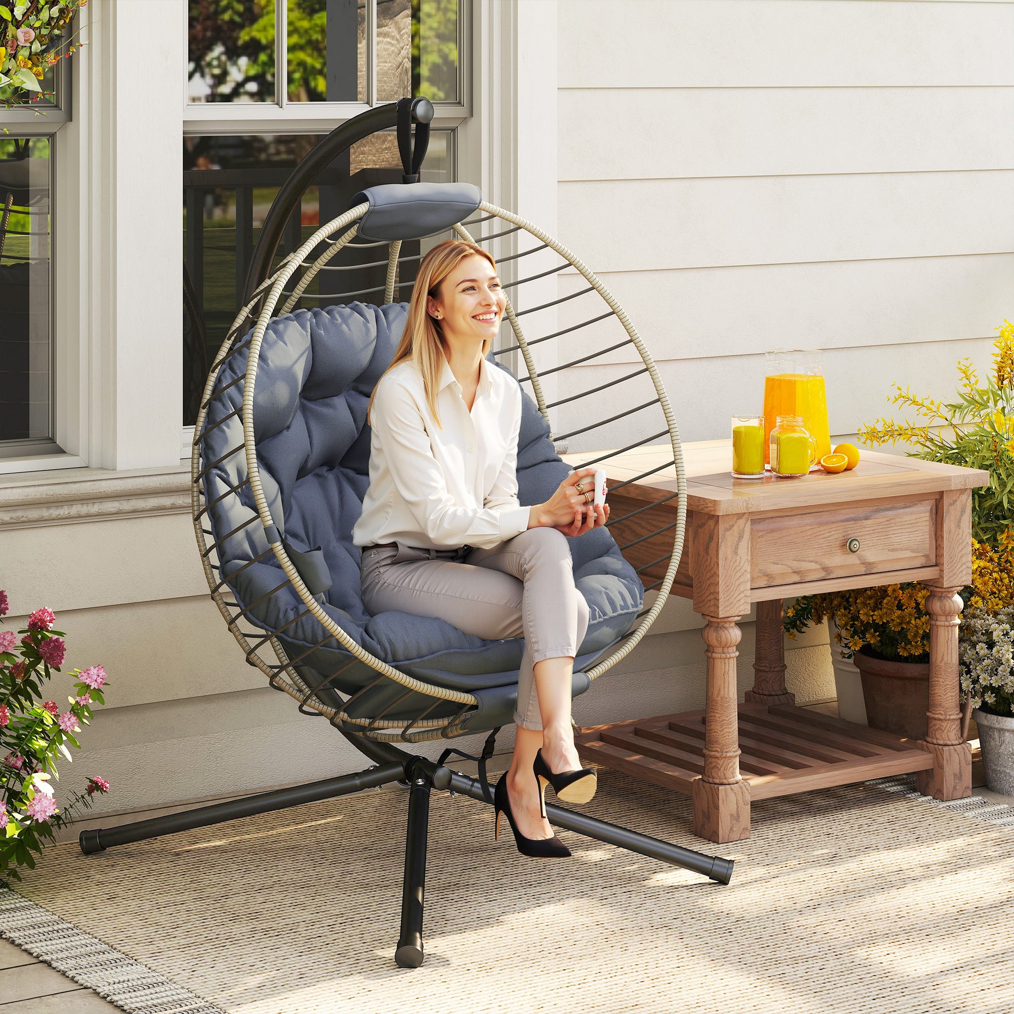 Poly Rattan Outdoor Swing Chair With Metal Stand With Thick Padded Cushion - Velmora