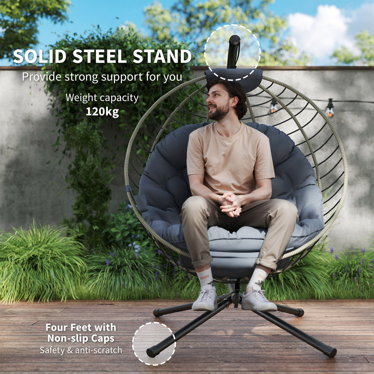 Poly Rattan Outdoor Swing Chair With Metal Stand With Thick Padded Cushion - Velmora
