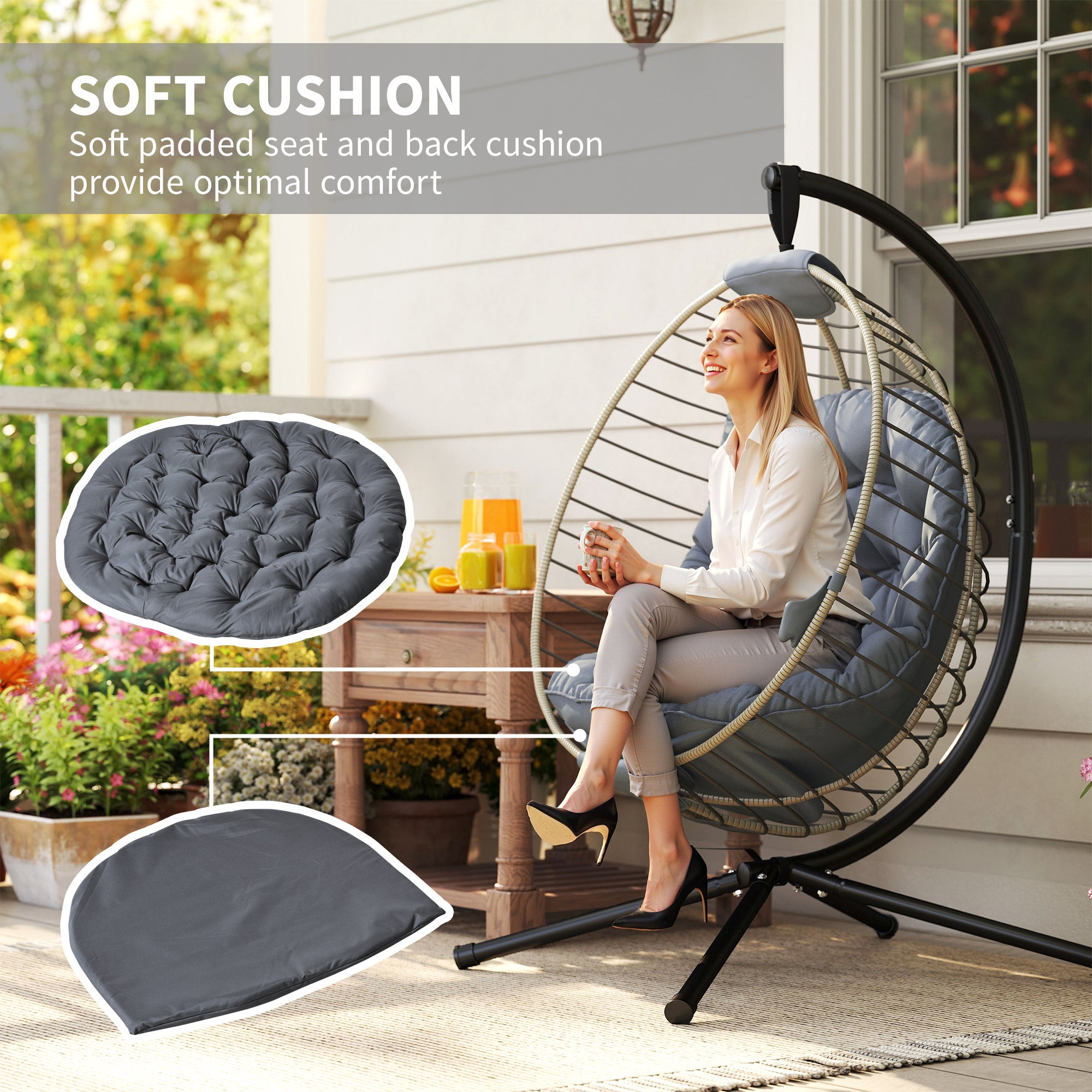 Poly Rattan Outdoor Swing Chair With Metal Stand With Thick Padded Cushion - Velmora