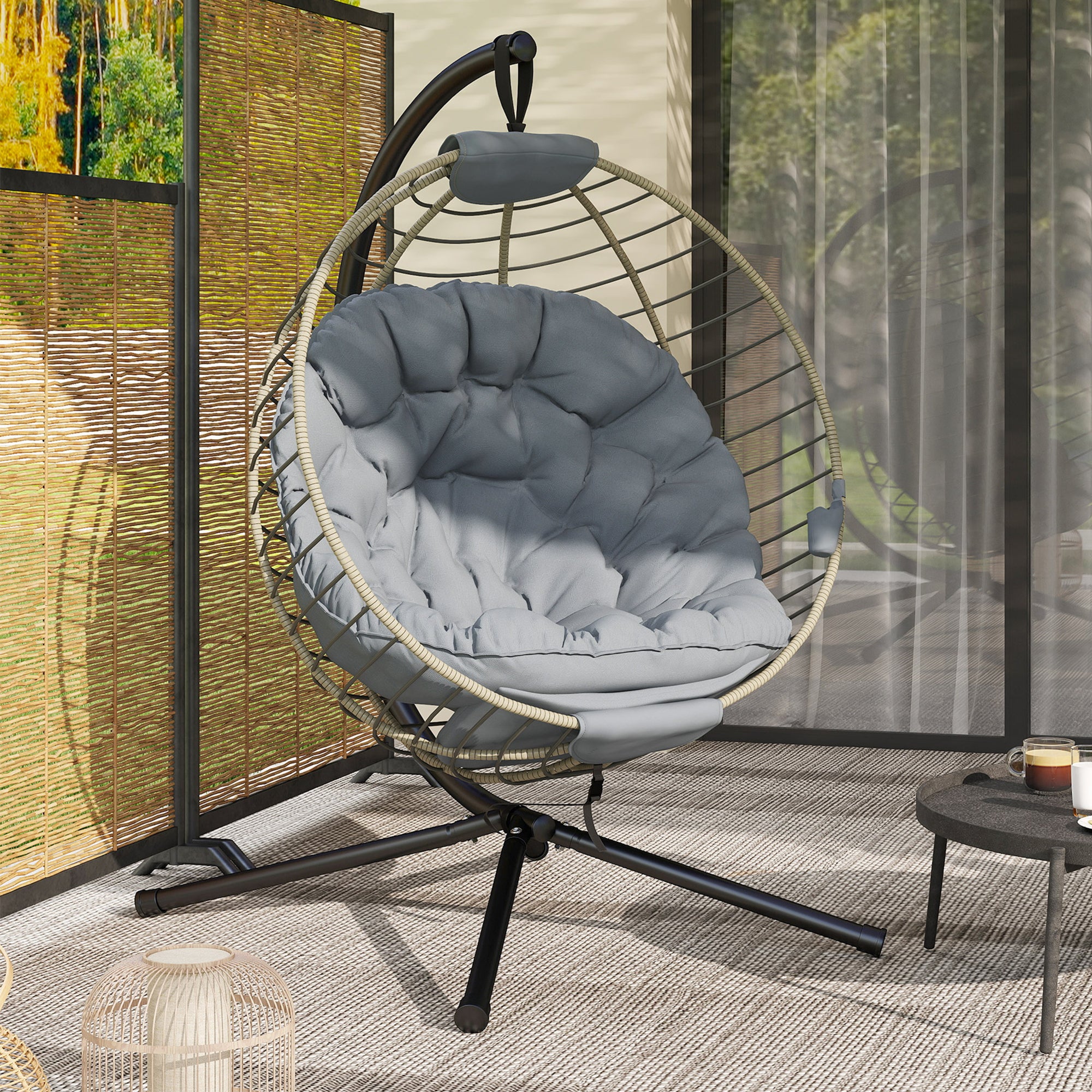 Poly Rattan Outdoor Swing Chair With Metal Stand With Thick Padded Cushion - Velmora