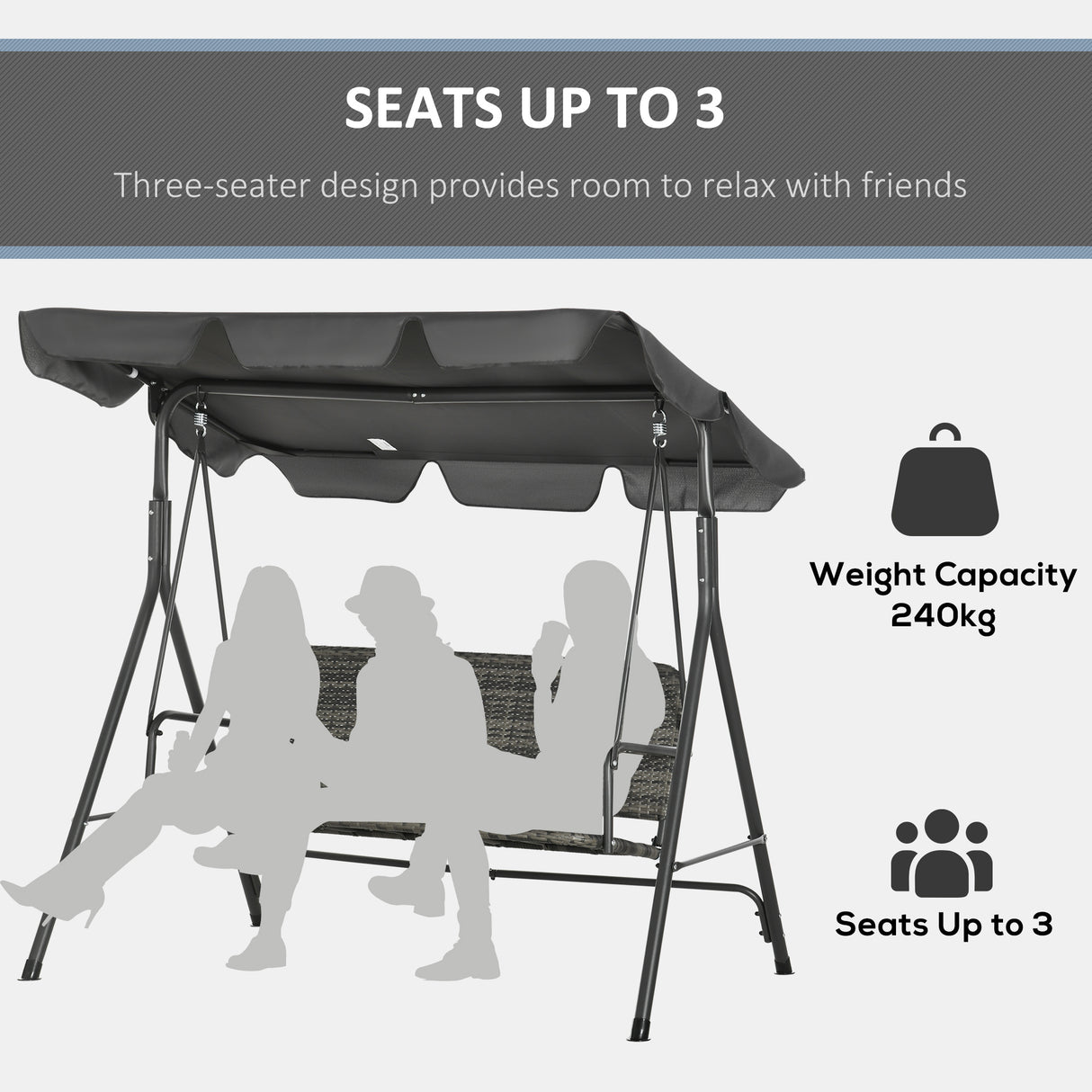 Poly Rattan Patio Wicker 3 Seater Outdoor Swing Chair Bench With Steel Frame - Velmora