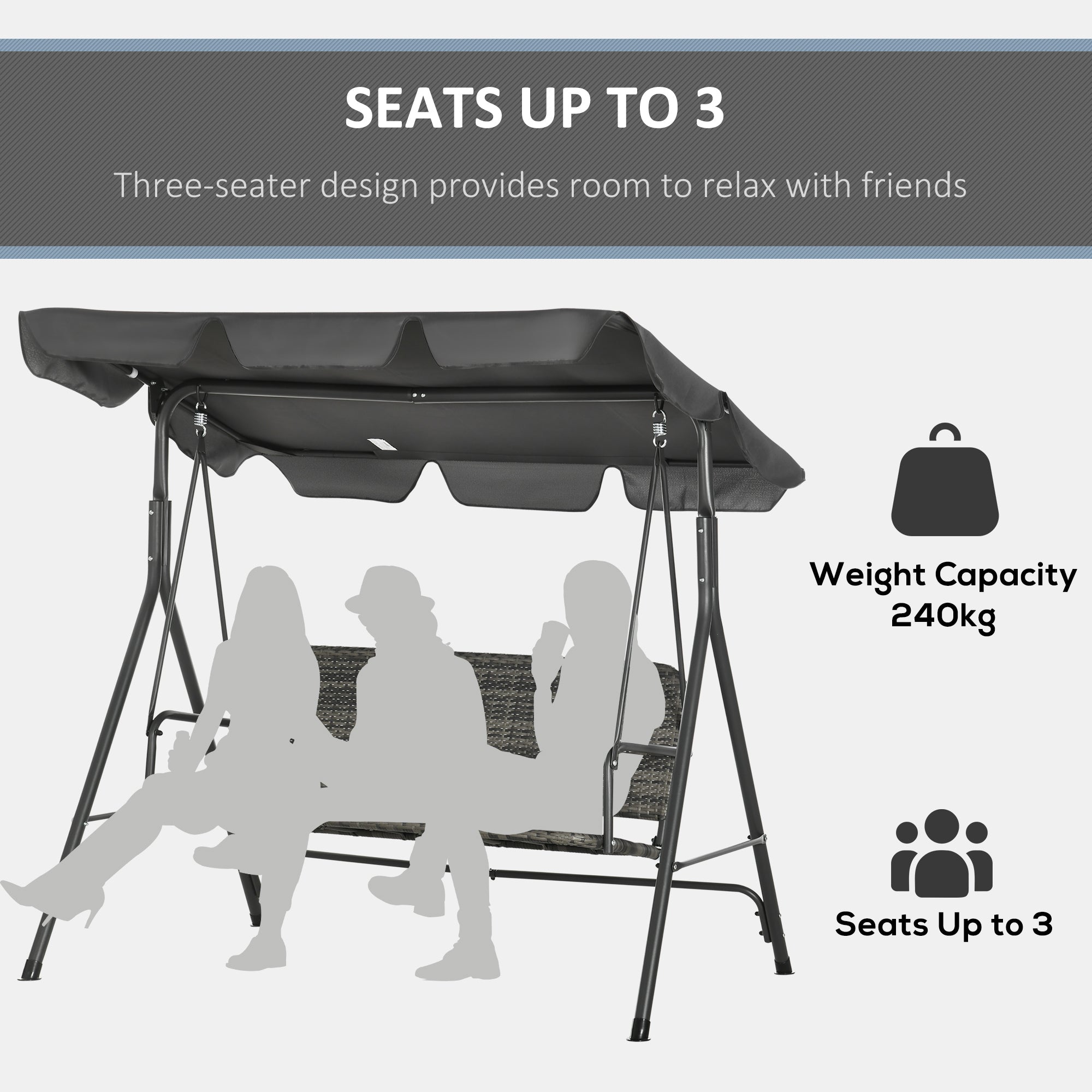 Poly Rattan Patio Wicker 3 Seater Outdoor Swing Chair Bench With Steel Frame - Velmora