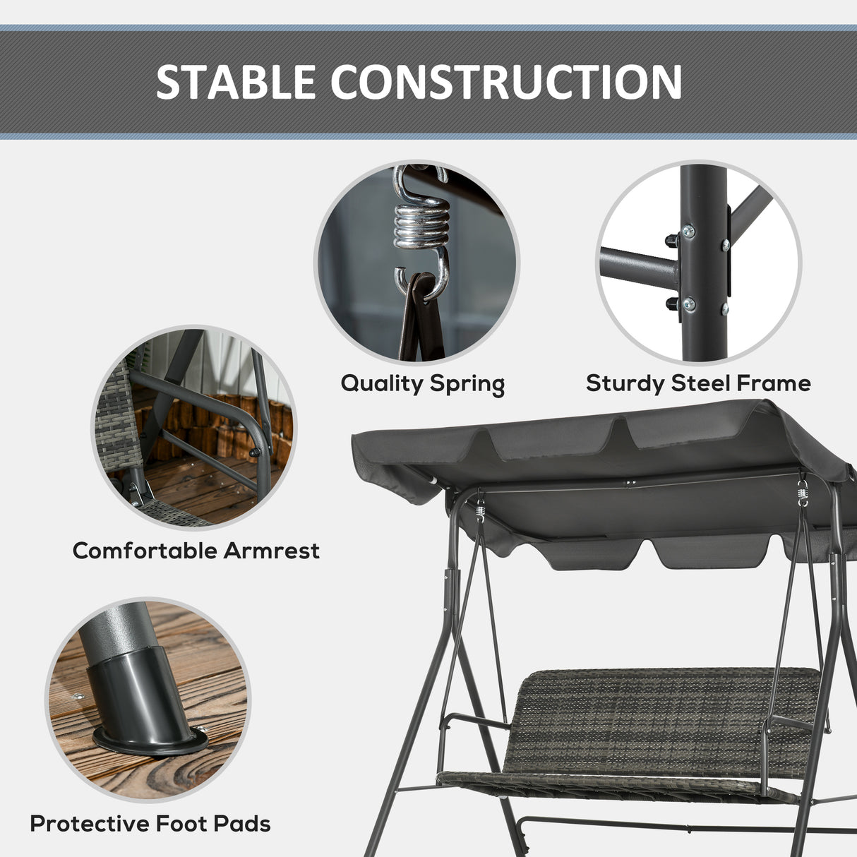 Poly Rattan Patio Wicker 3 Seater Outdoor Swing Chair Bench With Steel Frame - Velmora