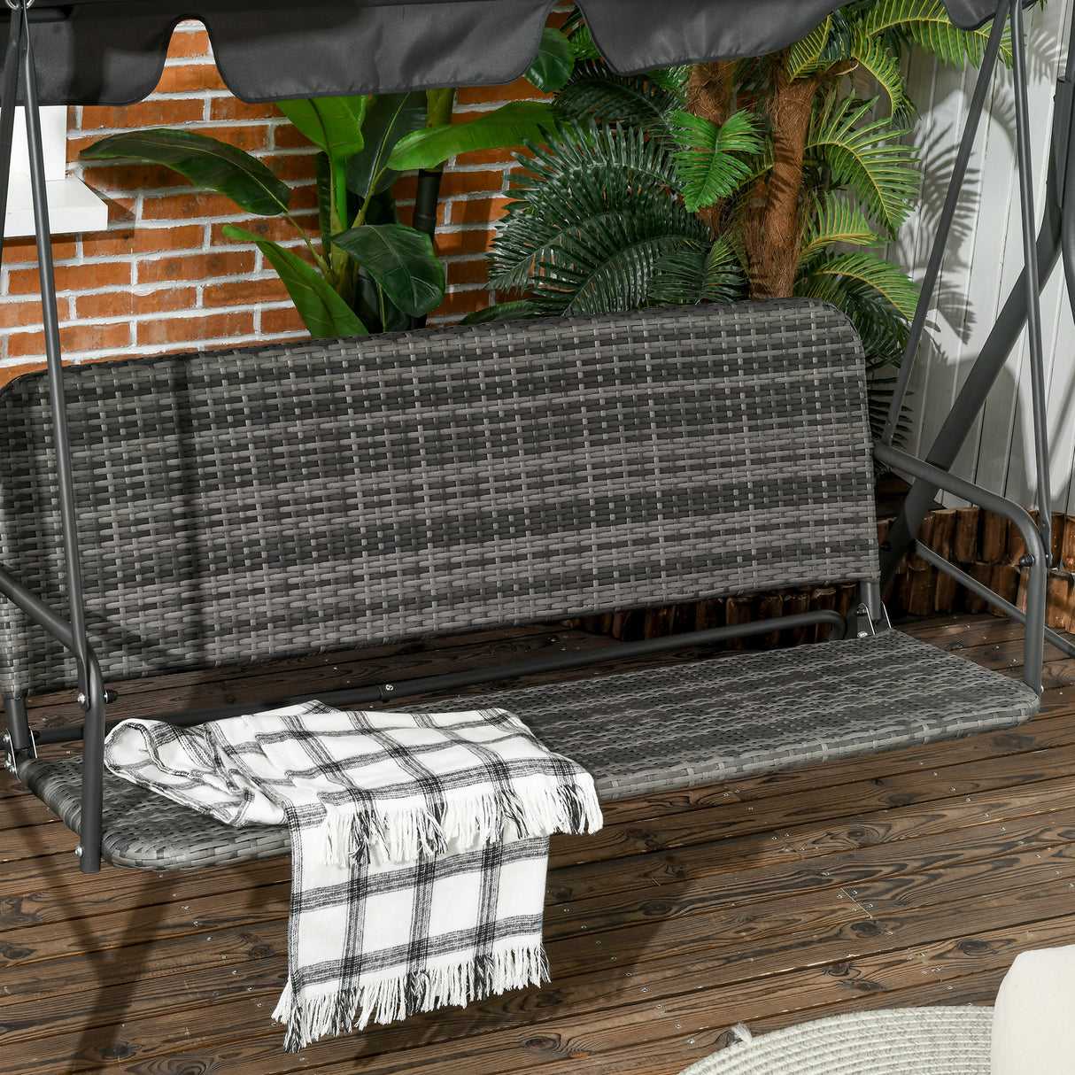 Poly Rattan Patio Wicker 3 Seater Outdoor Swing Chair Bench With Steel Frame - Velmora