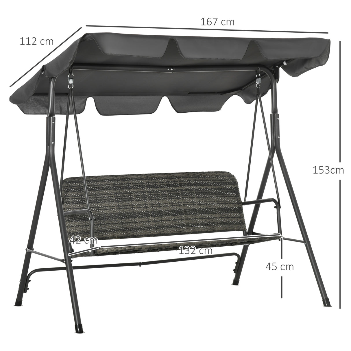Poly Rattan Patio Wicker 3 Seater Outdoor Swing Chair Bench With Steel Frame - Velmora