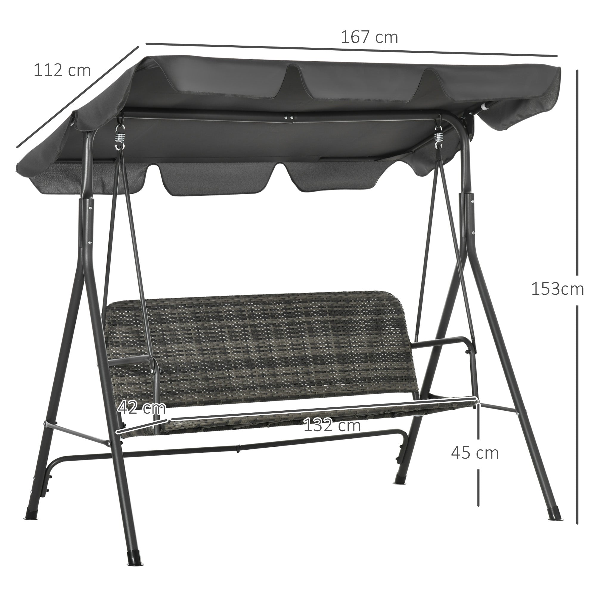Poly Rattan Patio Wicker 3 Seater Outdoor Swing Chair Bench With Steel Frame - Velmora
