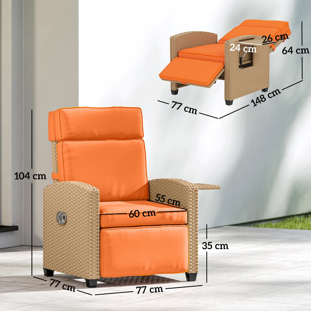 Poly Rattan Reclining Garden Armchair With Footrest - Velmora
