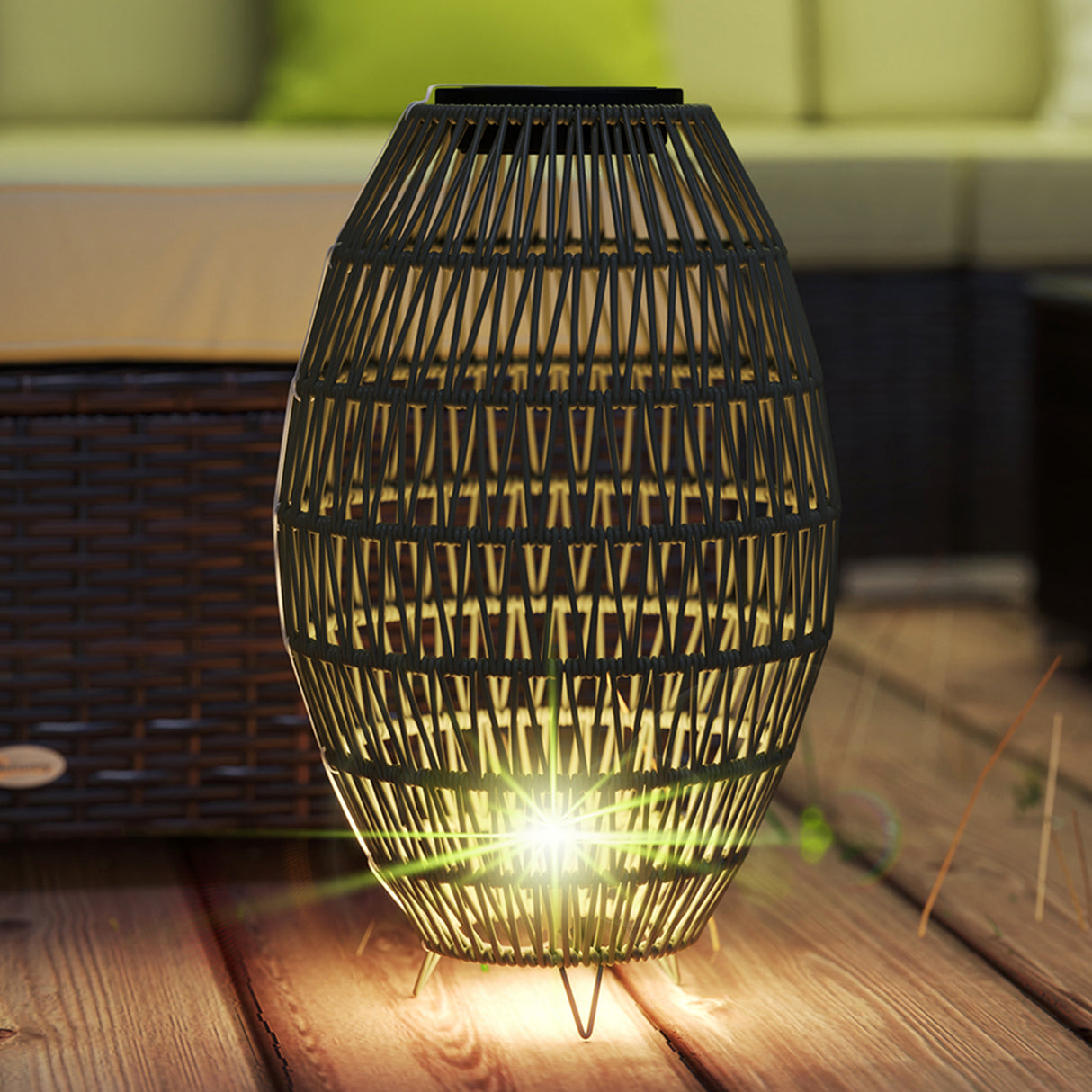 Poly Rattan Solar Powered Garden Lantern With Auto On-Off - Velmora
