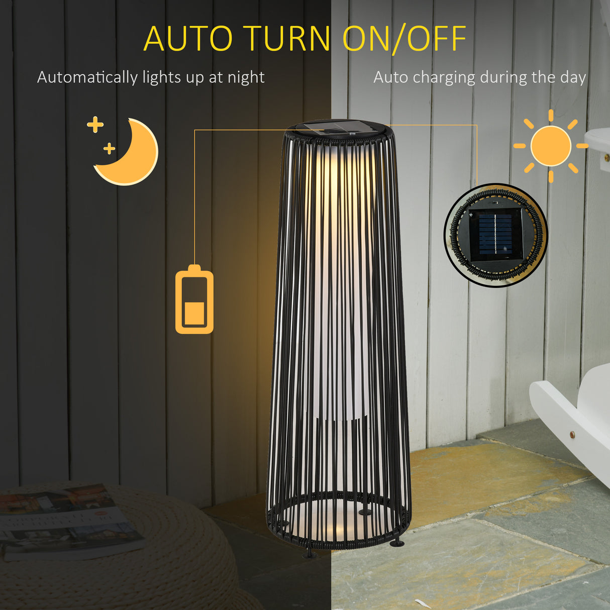 Poly Rattan Solar Powered Lights Woven Resin Wicker Lantern Auto On-Off - Velmora