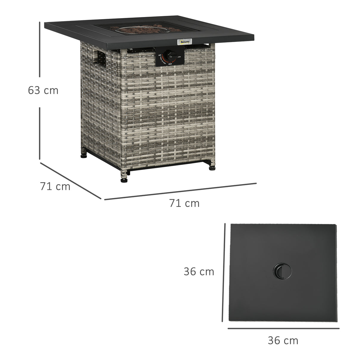 Poly Rattan Square Propane Gas Heater Fire Pit Table With Rain Cover And Mesh Lid - Velmora