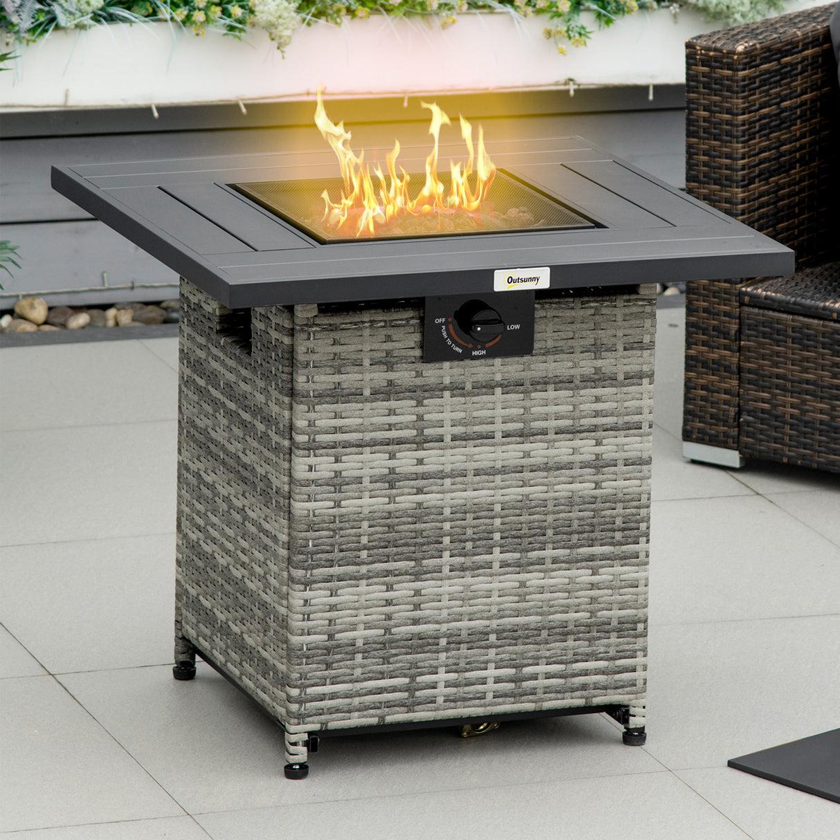 Poly Rattan Square Propane Gas Heater Fire Pit Table With Rain Cover And Mesh Lid - Velmora