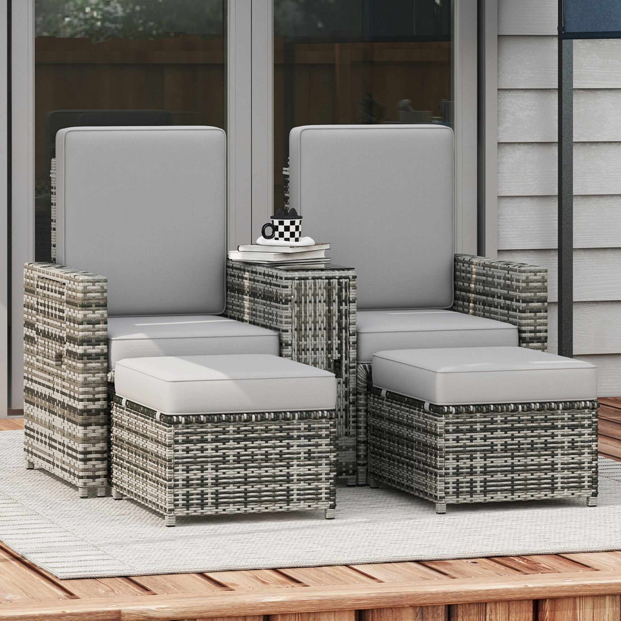 Poly Rattan Sun Lounger in Set 2 With Storage Tea Table And Footstools - Velmora