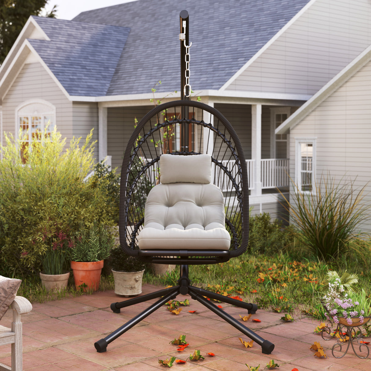 Poly Rattan Swing Chair With Foldable Basket and Cushion - Velmora