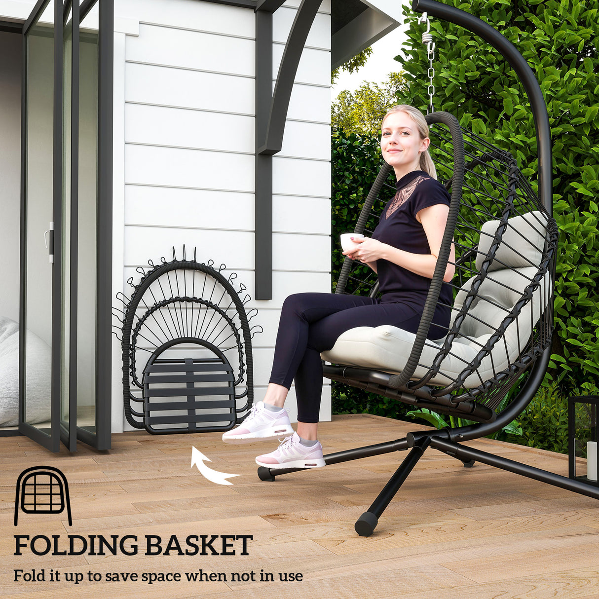 Poly Rattan Swing Chair With Foldable Basket and Cushion - Velmora