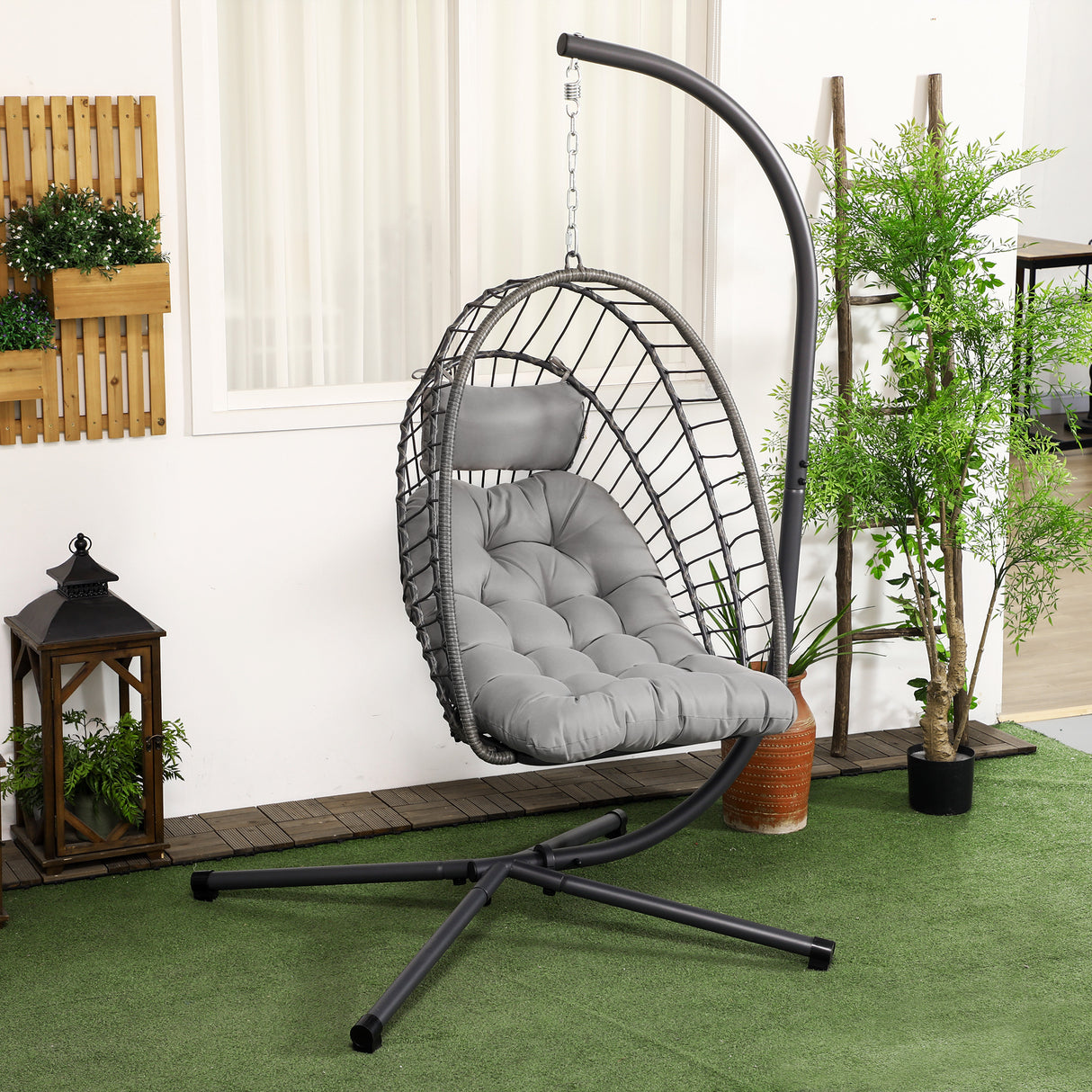 Poly Rattan Swing Chair With Foldable Basket and Cushion - Velmora