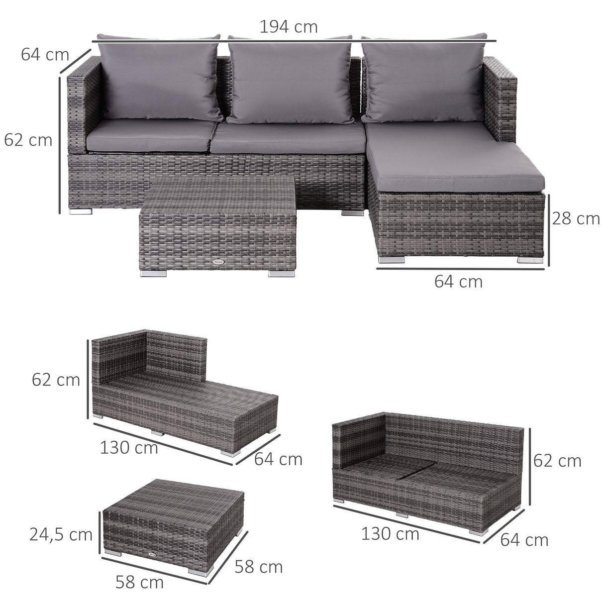 Poly Rattan Wicker 3 Pieces Conversation Chaise Lounge Garden Sofa Set - Velmora