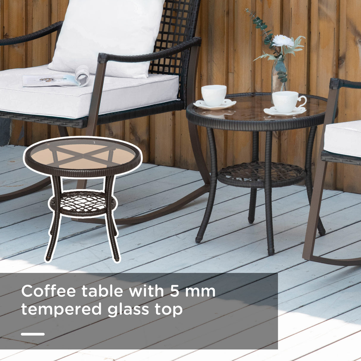 Poly Rattan Wicker 3 Pieces Garden Bistro Set With 2 Rocking Chairs - Velmora