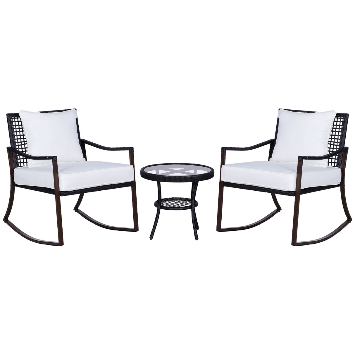 Poly Rattan Wicker 3 Pieces Garden Bistro Set With 2 Rocking Chairs - Velmora