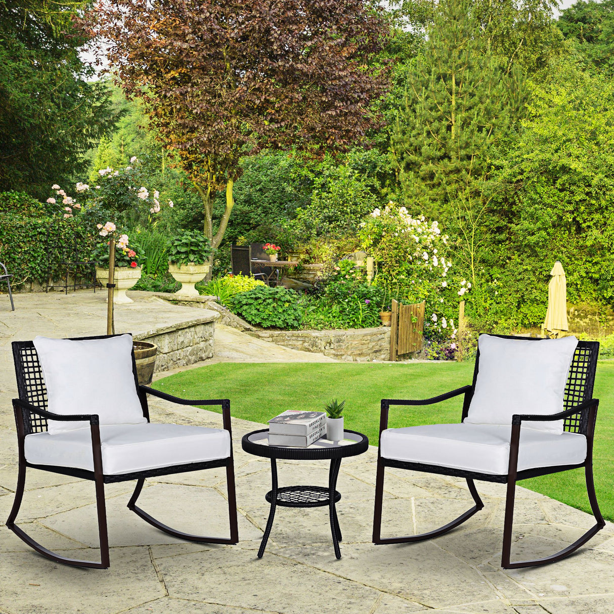 Poly Rattan Wicker 3 Pieces Garden Bistro Set With 2 Rocking Chairs - Velmora