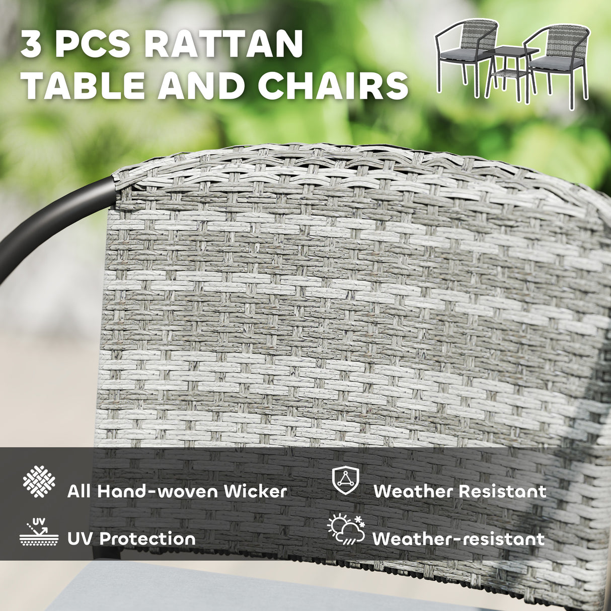 Poly Rattan Wicker 3 Pieces Garden Bistro Set With Cushions And Glass Top Coffee Table - Velmora