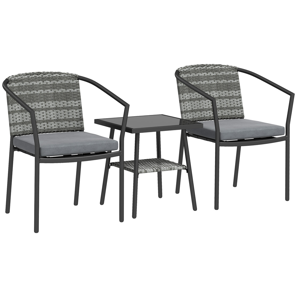 Poly Rattan Wicker 3 Pieces Garden Bistro Set With Cushions And Glass Top Coffee Table - Velmora