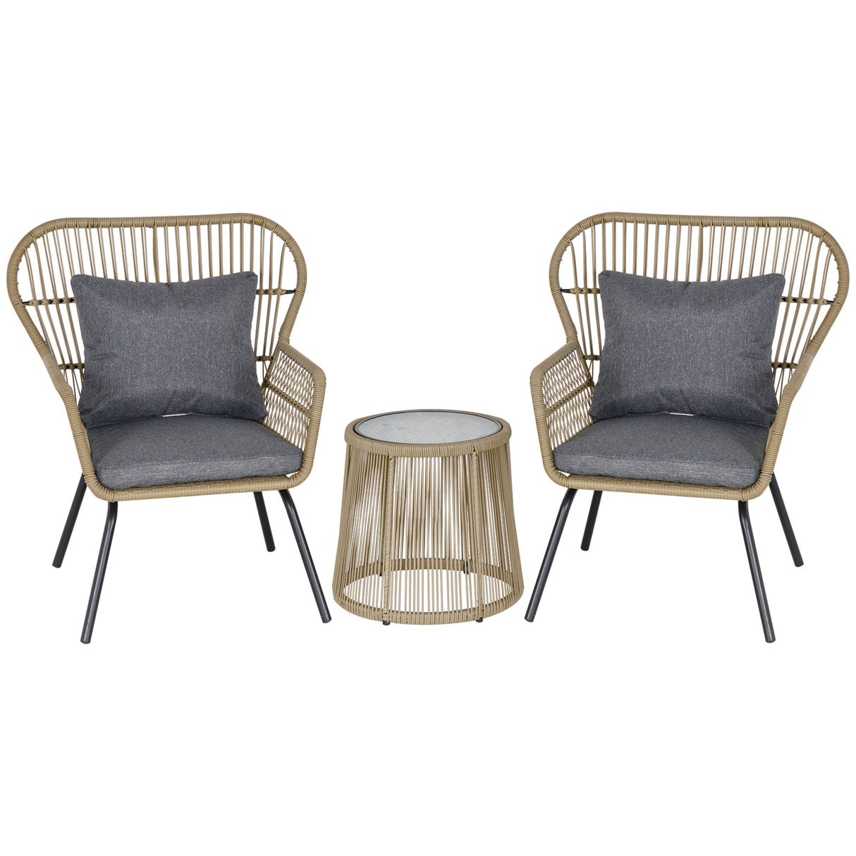 Poly Rattan Wicker 3 Pieces Garden Bistro Set With Cushions - Velmora