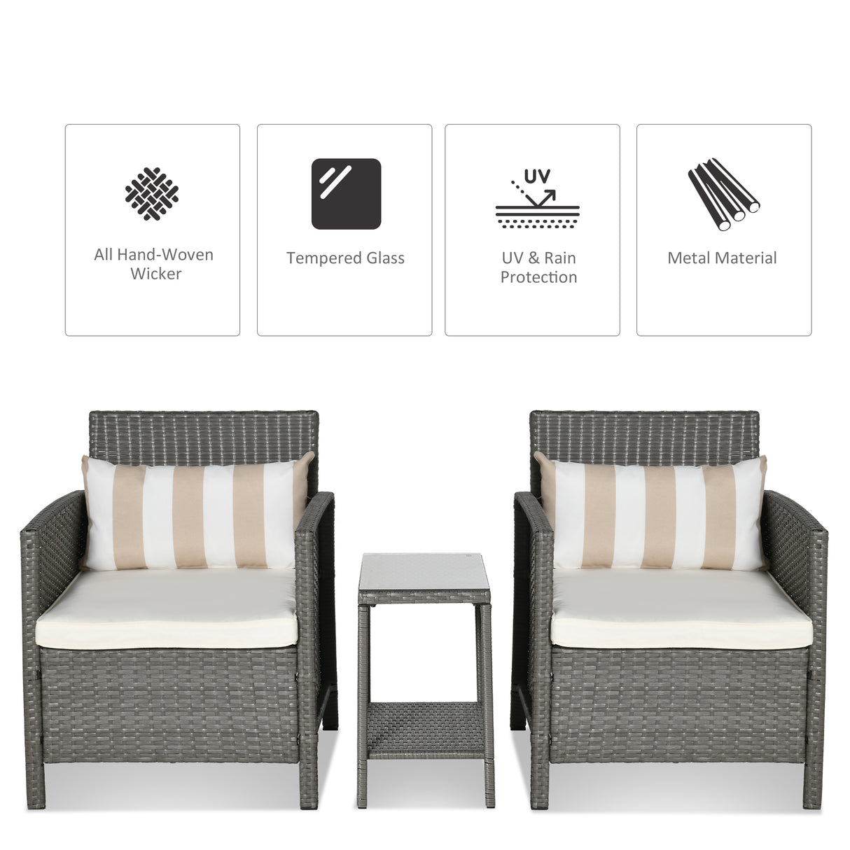 Poly Rattan Wicker 3 Pieces Garden Bistro Set With Glass Top 2-tier Coffee Table - Velmora