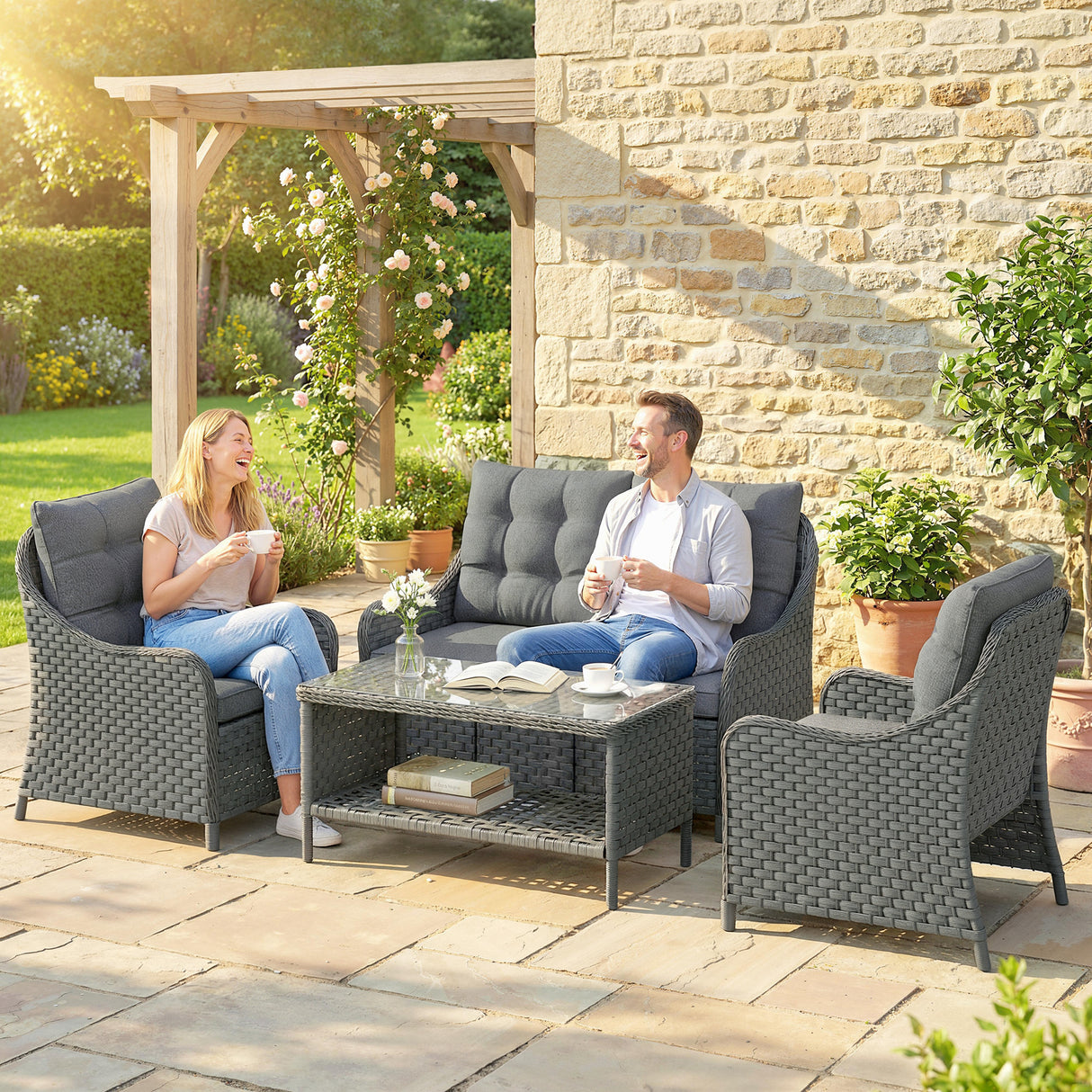 Poly Rattan Wicker 4 Pieces Garden Sofa Set With 2 Armchairs - Velmora