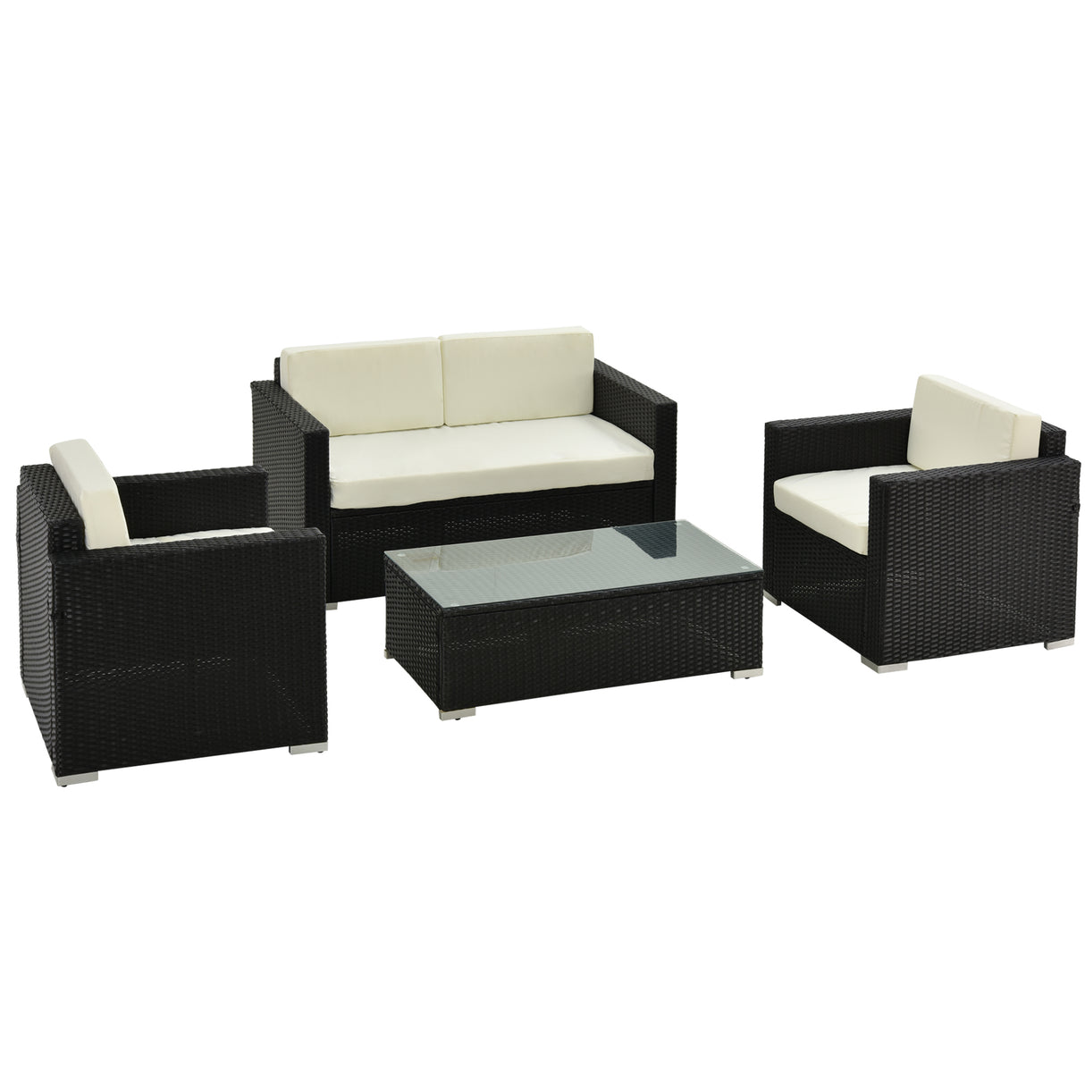 Poly Rattan Wicker 4 Pieces Garden Sofa Set With Glass Top Coffee Table - Velmora