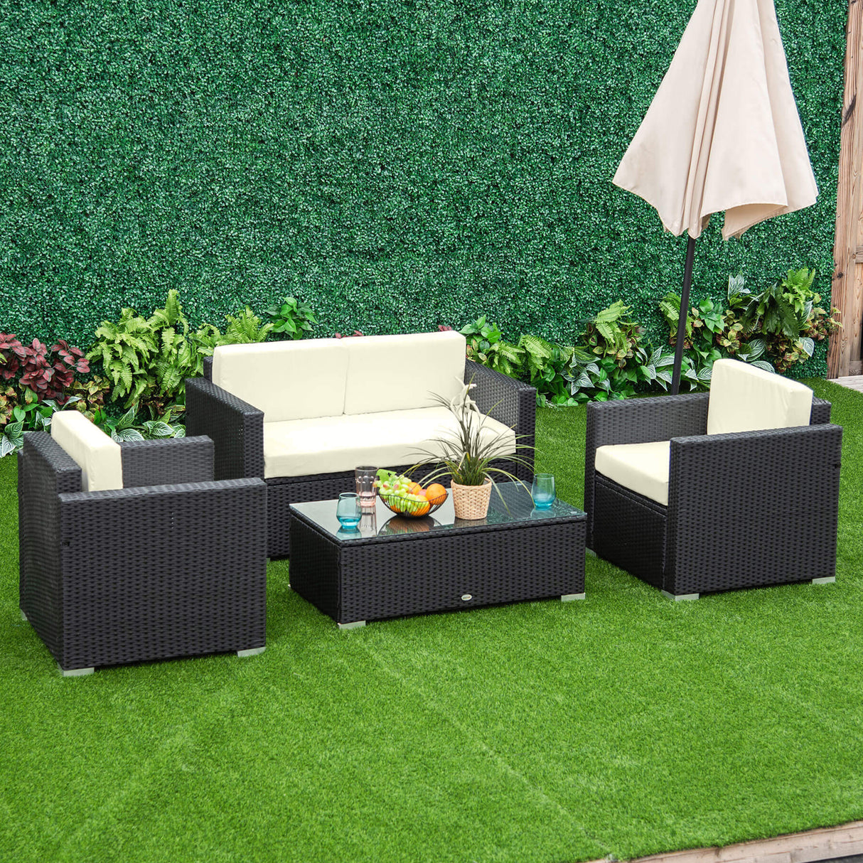 Poly Rattan Wicker 4 Pieces Garden Sofa Set With Glass Top Coffee Table - Velmora
