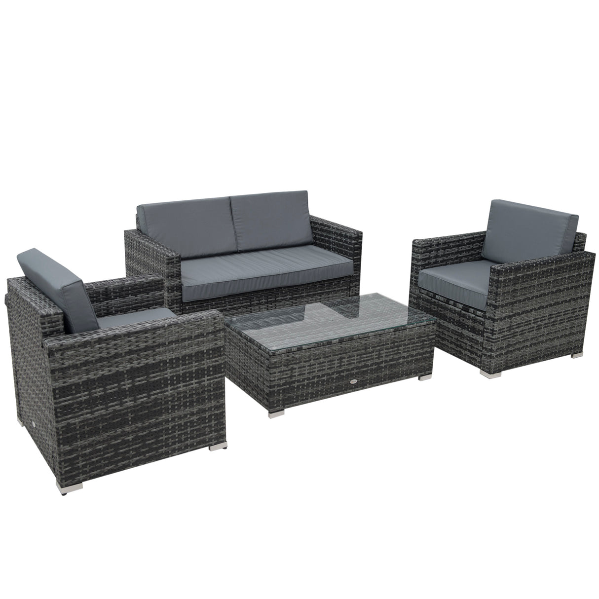 Poly Rattan Wicker 4 Pieces Garden Sofa Set With Glass Top Coffee Table - Velmora