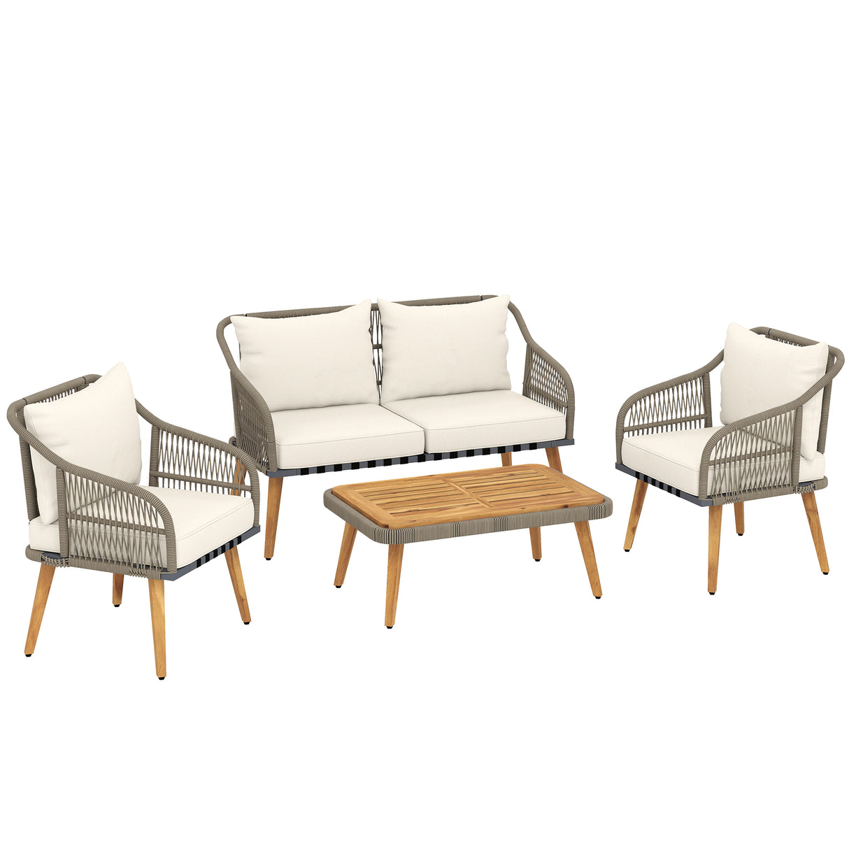 Poly Rattan Wicker 4 Pieces Garden Sofa Set With Loveseat And Armchairs - Velmora