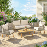Poly Rattan Wicker 4 Pieces Garden Sofa Set With Loveseat And Armchairs - Velmora