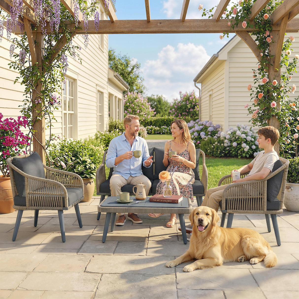 Poly Rattan Wicker 4 Pieces Garden Sofa Set With Loveseat And Armchairs - Velmora