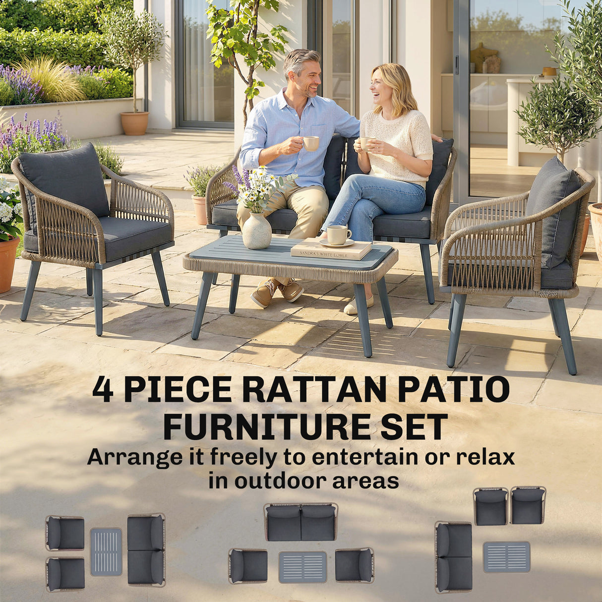 Poly Rattan Wicker 4 Pieces Garden Sofa Set With Loveseat And Armchairs - Velmora