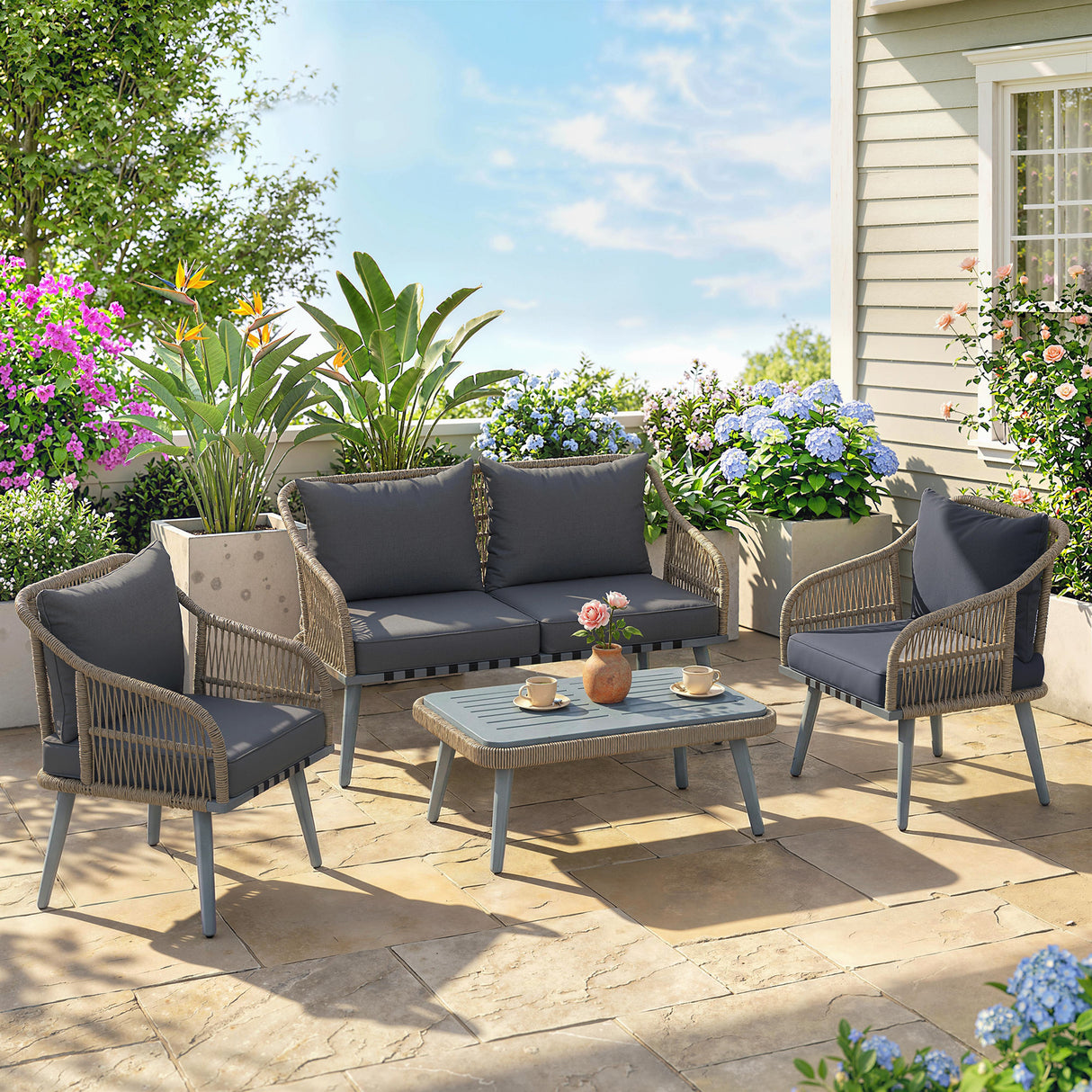 Poly Rattan Wicker 4 Pieces Garden Sofa Set With Loveseat And Armchairs - Velmora